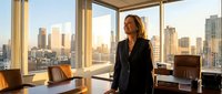 Mature woman in professional business attire standing in modern high-rise office with floor-to-ceiling windows overlooking city skyline at golden hour, suitable for corporate and business concepts.