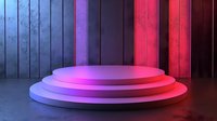 Round white podium with neon pink and blue lighting against wooden panel background, creating dramatic modern display platform for product presentation.