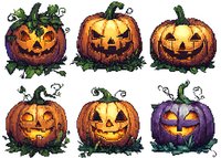 Glowing carved pumpkin lanterns with green leaves and vines in pixel art style. Set of six jack o lanterns with different expressions on white background.