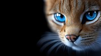 Orange tabby kitten with striking blue eyes and whiskers against black background. Close-up portrait showcasing feline features and natural lighting.