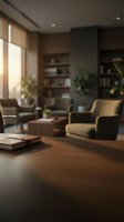 Modern living room interior with warm lighting, comfortable armchairs, wooden coffee table with books, and green plants creating cozy atmosphere for relaxation.