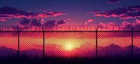Dramatic sunset behind barbed wire fence silhouette against purple and pink sky with glowing sun and clouds, creating atmospheric prison or border scene.