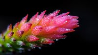 Pink tropical flower with morning dew drops on petals against dark background, macro photography showing delicate water droplets on exotic plant in nature.