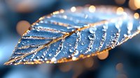 Delicate golden leaf skeleton with morning dew drops against blurred blue bokeh background creates ethereal natural macro photography composition.