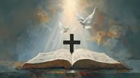 Open Bible with cross rising above pages under divine light rays breaking through dramatic clouds, white doves flying in spiritual atmosphere. Religious concept art.
