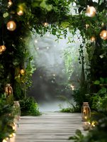 Enchanted garden archway with glowing lanterns and fairy lights framing wooden pathway into misty forest background, green vines and foliage create magical atmosphere.