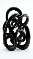 Abstract black glossy sculpture with intertwined curved forms on white background. Modern art piece with flowing organic shapes for contemporary design projects.