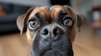 Close up portrait of brown boxer dog face with expressive eyes and black nose looking directly at camera, shallow depth of field creates soft background.
