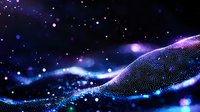 Glowing digital wave with sparkling particles flowing on dark background creates futuristic technology visualization effect in blue and purple colors.