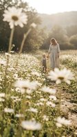 Mother and toddler son walking hand in hand through blooming daisy field at golden hour sunset creating warm family bonding moment in countryside meadow.