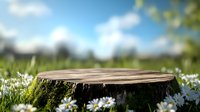 Tree stump surrounded by blooming white daisies in spring meadow with soft focus natural background and sunlight, fresh outdoor nature scene.