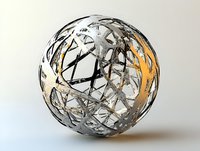 Abstract metallic sphere with intricate geometric pattern of intersecting lines and triangles creating modern sculptural form on light background.