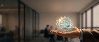 Professional lawyer holding glowing justice scales symbol in modern office representing legal services and law firm consultation.