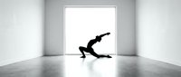 Man in dynamic falling pose silhouetted against bright doorway in minimalist interior space, conveying loss of balance, accident, or struggle concept for design use.