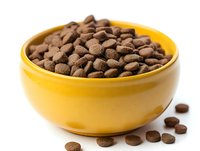 Dry pet food kibbles in bright yellow ceramic bowl on white background, nutritious brown pellets scattered around, macro food photography for pet care industry.
