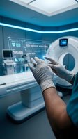 Doctor using holographic medical interface displaying vital signs and patient data in modern hospital room with advanced healthcare technology.