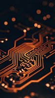Close-up macro view of orange illuminated circuit board with electronic pathways and bokeh lights creating atmospheric tech background for digital concepts.
