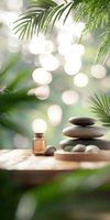 Stacked massage stones and essential oil bottle on wooden surface with palm leaves and soft bokeh background, creating zen spa atmosphere.