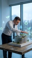 Middle-aged male professional in business attire examining sustainable architectural model with green roof. Office setting with city skyline view and eco-friendly icons overlay representing environmental responsibility and green building development.