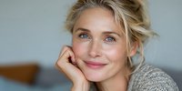 Attractive blonde Caucasian woman in her 40s with natural makeup resting chin on hand, smiling warmly at camera in cozy home interior for lifestyle content.