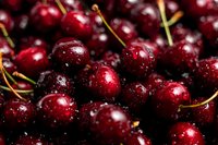 Fresh ripe cherries with water droplets, close-up view showing glossy dark red fruits with stems for food photography or culinary design.