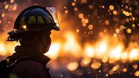 Silhouette of firefighter against bright orange flames and sparks at night, dramatic emergency response scene showing heroic first responder in protective gear.