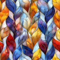 Colorful abstract leaf pattern with intertwining curves in blue, orange, red and yellow tones. Seamless repeat design with stained glass effect and flowing organic shapes.