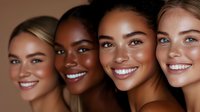 Diverse group of smiling young women with glowing natural skin and bright white teeth showing beauty in different ethnicities. Close up portrait on brown background.