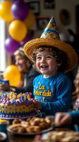 Joyful curly-haired toddler boy wearing party hat and straw hat laughs during birthday celebration with colorful cake, balloons and treats in natural window light.