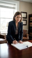 Middle-aged Caucasian female attorney or legal professional in dark blazer signing documents at wooden desk in modern office with leather chairs and bookshelves.