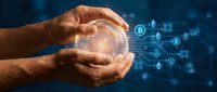 Hands holding glowing digital globe with cryptocurrency and blockchain network icons, representing fintech innovation, digital currency exchange, and secure financial technology solutions.