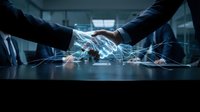 Business handshake with digital network connections representing partnership, collaboration and technology integration in modern corporate environment.