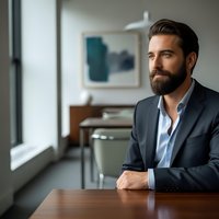 Professional businessman with beard in suit sitting at conference table in modern office interior looking thoughtfully out window during business meeting.