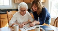 Middle-aged Caucasian woman helping elderly Caucasian woman with crossword puzzle in bright kitchen. Intergenerational bonding and caregiving concept.