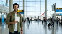 Young Middle Eastern man in casual olive jacket and white shirt holding passport in modern airport terminal with travelers and departure boards in background.