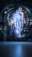 Glowing holographic human figures emerging from a portal with rainbow light rings, representing digital evolution and futuristic technology concepts.