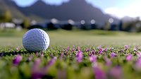 White golf ball resting on lush green grass surrounded by small purple wildflowers, with mountains and bokeh lights in blurred background. Sports and nature concept.