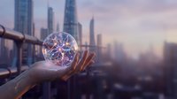 Hand holding glowing digital sphere with network connections above cityscape at sunset, representing technology, innovation, and global connectivity for business concepts.