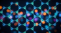 Molecular structure network with glowing hexagonal connections and colorful spheres on dark background for scientific research and chemistry education.