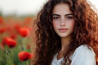 Young woman with natural curly brown hair and gentle smile in white dress against blurred red poppy field background, soft evening light creates dreamy atmosphere.