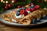 Thin crepes rolled and topped with whipped cream, fresh raspberries and blueberries on plate with festive holiday decorations and bokeh lights.