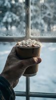 Hand holding hot chocolate with marshmallows by snowy window on cold winter day creating cozy atmosphere for seasonal comfort and warmth concepts.