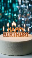 Golden Happy Birthday letter candles burning on a white cake against a sparkling teal bokeh background, perfect for celebration cards.