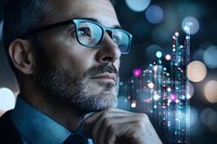 Mature businessman in glasses analyzing digital data visualization with glowing charts and graphs against dark background with bokeh lights.