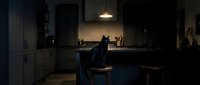 Young adult male with dark hair, sitting alone at kitchen counter in moody, dimly lit modern kitchen space. Solitary figure in contemporary home interior with pendant lighting.