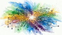 Digital technology circuit board with lightbulb innovation symbols on colorful watercolor splash background for creative tech design projects.
