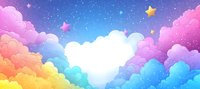 Dreamy rainbow clouds form heart shape against starry twilight sky with glowing stars and magical atmosphere. Fantasy celestial background for children decor.