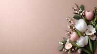 Romantic floral arrangement with white and pink tulips, delicate baby's breath, and eucalyptus leaves on soft pink background, corner composition with copy space.