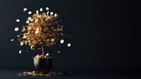 Golden metallic tree sculpture with floating leaves in dark setting, dramatic lighting creates mystical atmosphere against black background, modern luxury decor piece.
