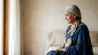 Senior woman with gray hair and light skin tone, wearing casual blue clothing, sitting indoors by window in contemplative pose for lifestyle and wellness content.